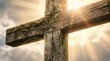 © AlfaSmart - Old wooden cross with golden sunlight and lens flare. Religious symbol of christian faith. Concept of Easter religion and spirituality.