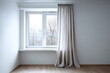 © free - Minimalist interior with a large window and neutral curtains.