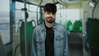 © Krakenimages.com - Young man in denim shirt standing inside a city bus, with green seats and blurred windows in the background, conveying a relaxed and urban atmosphere.
