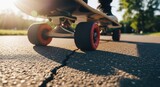 Skateboard wheels close-up on cracked pavement, sunlight shines