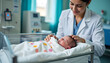 © Yasin - Smiling doctor gently touches newborn baby's head in hospital bassinet