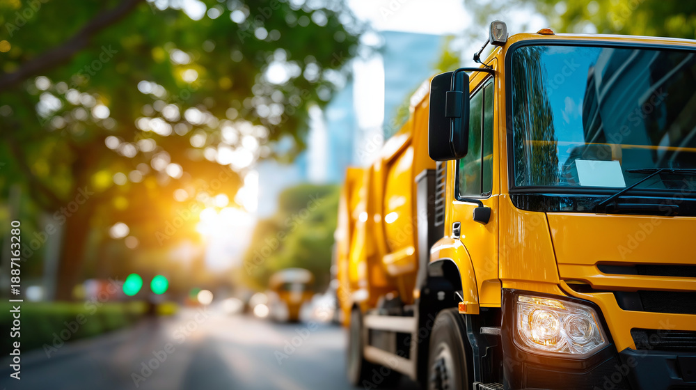 Truck road urban recycling waste, garbage services transportation, display waste management, operations moment sanitation, vehicle activity defocused, urban background, with copy s