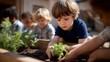 © forenna - Preschool children playing together in a garden area, planting seeds and learning about nature, emphasizing hands-on activities that promote growth and understanding in early childhood education.