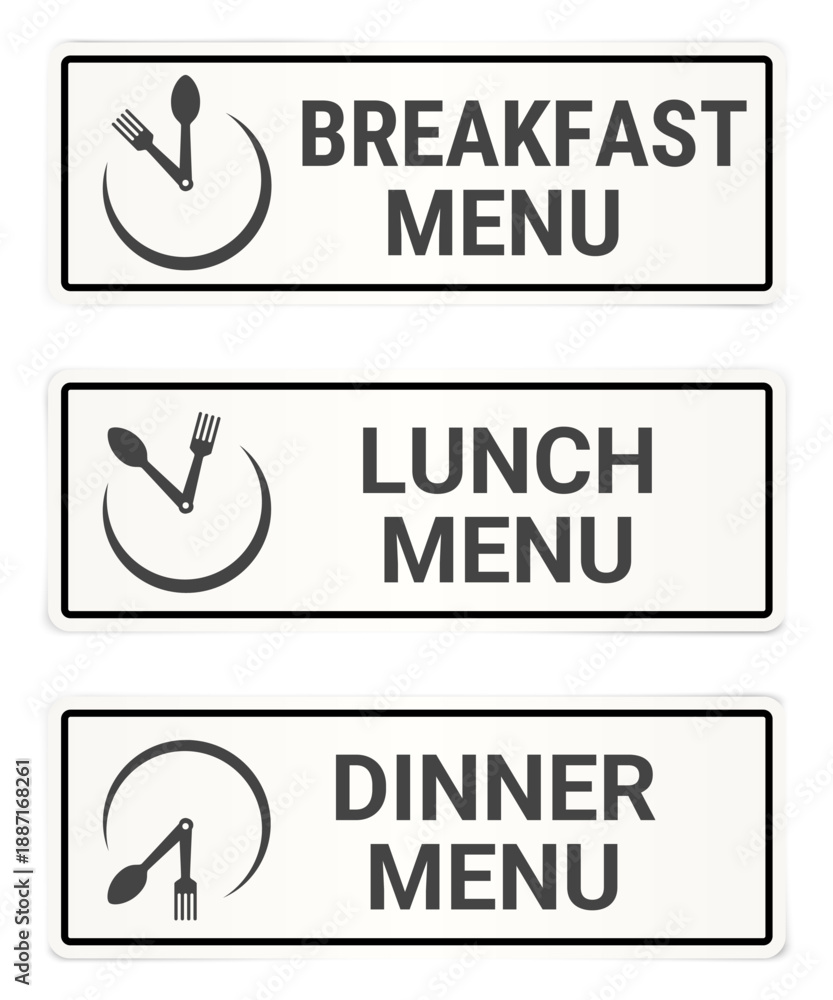 Spoon and fork. Clock logo made from cutlery for cafes and restaurants.  The fork serves as an hour hand, the spoon as a minute hand, and the plate as a clock face. Breakfast, lunch, and dinner menu. 