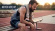 © SnapNshine - Tired bearded athlete wearing a gray tank top sits heavily on a wooden bleacher bench beside a running track feeling exhausted after intense exercise.