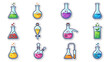 © Asifur - Colorful science laboratory flask vector icons set in sticker style with chemical reaction symbols, lab equipment, beakers, and experimental bottles in a neatly arranged grid layout