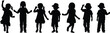 © Obaidul Vector Zoon - Black silhouettes of seven children in various poses on a white background kids