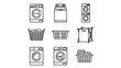 © Joy - Vector Icon Set of Laundry Equipment Featuring Front and Top Load Washing Machines, Stacked Dryer, and Various Laundry Baskets and Hampers in a Minimalist Outline Style for Household Cleaning.