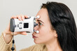 © wedmoments.stock - Portable handheld tonometer for glaucoma testing, close-up of the device near a woman’s eye during examination. Concept ophthalmology, eye exam, diagnostics