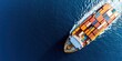 © LifeMedia - Impressive aerial view of a vibrant container cargo ship navigating the ocean