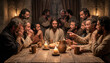 © Soloviova Liudmyla - Jesus Christ and twelve apostles sharing Last Supper meal in biblical scene. Holy communion with bread and wine during sacred religious event. Famous Christian history moment for faith spirituality