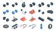 © Amit - Isometric Fitness and Gym Equipment Icon Set with Dumbbells, Barbells, Kettlebells, Yoga Mats, Workout Bench, Jump Ropes, Water Bottle, and Smartwatch for Health, Wellness, and Exercise Apps.