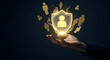 © creative - Life Insurance Concept. Company Supporting and Protecting their Customer by Shield, Human Icon floating over a Careful Gesture Hand of a Businessman