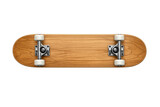 Skateboard deck showing wood texture and hardware with wheels and trucks. Flat lay shot of board for sport and urban activity