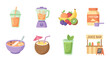 © Anik - Set of 8 flat smoothie bar icons including a smoothie cup, blender, fresh fruit, protein powder jar, healthy smoothie bowl, tropical coconut drink, green juice, and a juice bar kiosk illustration.