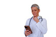 © Komora - Female doctor in white coat and stethoscope using a smartphone, connecting through telemedicine, transparent background