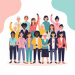 © muhammad - Diverse group of women standing together, some raising fists in solidarity, representing women's empowerment and community.