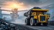 © Dara - A large yellow mining truck transporting coal on a dusty road with a coal mine in the background.