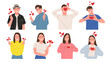 © NUR - set of smiling men and women expressing love using heart symbols, hand heart shapes, and finger heart gestures with floating hearts. Perfect for Valentine’s Day, love campaigns, social media posts