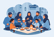 © Citra Bulan - This cozy illustration depicts a Muslim family enjoying a meal, fostering a sense of togetherness and cultural tradition. Ideal for content about fami