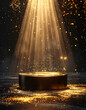 © Merue - Illuminated Platform: A striking pedestal bathed in a beam of golden light, inviting attention, and highlighting the concept of prominence. Product Display Background. Generative AI.