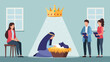 © Neli - Nativity scene with figures observing infant and symbolic crown