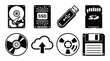 ©  MVectors - Storage media icons with hard drive, SSD, USB, SD card, CD, cloud, tape, floppy disk illustration