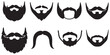 © Riki - Collection of eight different black beard and mustache styles in silhouette, isolated on a white background.