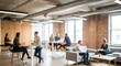 © mtsrprn - Blurred wide shot of a modern open-plan office, showcasing diverse professionals collaborating and interacting in a dynamic, contemporary workspace environment