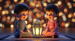 © Nazam - Two happy children sitting on a rug with a lantern in a festive atmosphere
