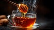 © horizon - Golden spoon dripping honey or syrup into glass cup of tea, ripples on liquid surface, steam rising, dark background, macro photography shot.