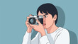 © afif - Close-up pixel art illustration of a young man with dark hair holding a vintage camera, focused on taking a photograph, capturing the essence of photography and creati...