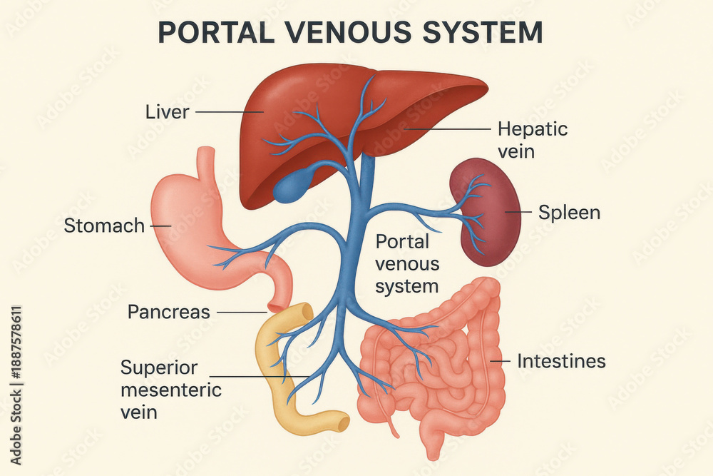 Portal venous system liver stomach pancreas spleen intestine vein ...