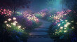 © Martin - Chemin sinueux dans un jardin enchant� avec des fleurs lumineuses brillantes sous une douce lumi�re magique nocturne. AI Generated