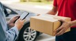 © ALLmost - Delivery person hands a package to a customer who signs for it on a smartphone, with a car in the background.