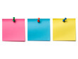© SHAHAZADI - Three colorful sticky notes pinned to a white background with push pins for reminders, notes, or brainstorming ideas