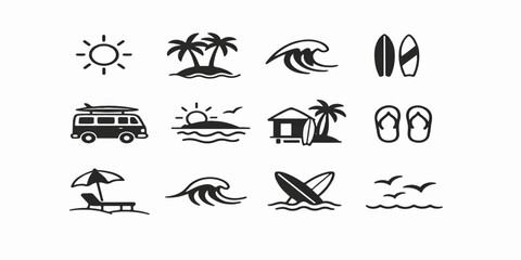 Naklejka na meble A tropical travel icon set featuring vector illustrations of a sun, palm tree, and boat on a summer beach island surrounded by ocean waves and nature elements for a vacation holiday design