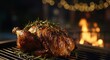 © iqra - Golden roasted chicken seasoned with rosemary on a grill at dusk with festive lights