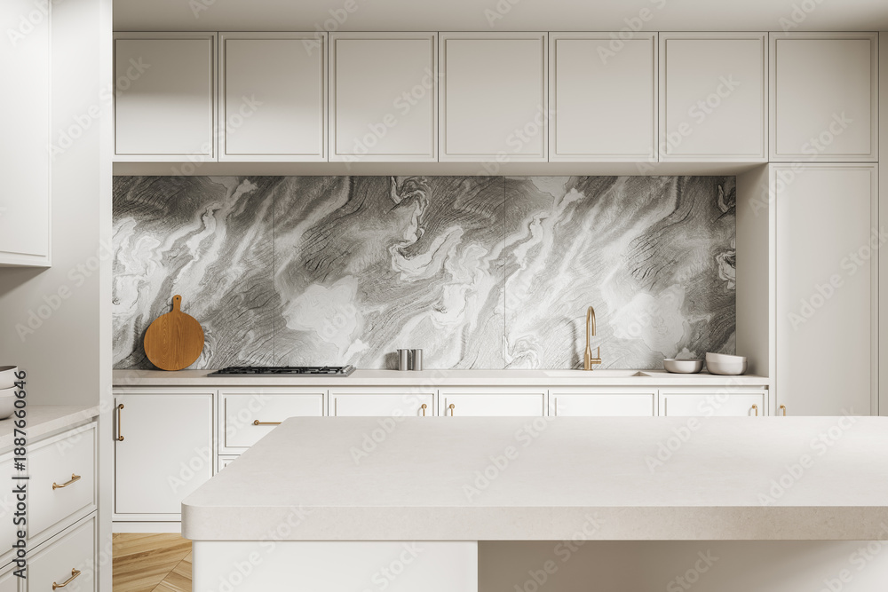Modern interior kitchen with marble backsplash and white cabinets in ...