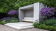 © buraratn - Modern outdoor seating area surrounded by vibrant purple flowers and lush greenery in a tranquil garden setting with contemporary design elements