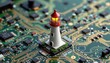 © K-MookPan - Lighthouse Model on Computer Circuit Board with Green and Gold Patterns Under Bright Lighting