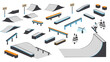 © Maureen - Isometric skate park elements with ramps, rails, and urban features