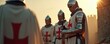 © miss irine - Knights Templar in full armor stand in silent prayer at sunrise near castle ruins. Red crosses symbolize faith, unity, unwavering devotion. Warriors prepare for battle reflect on holy mission.