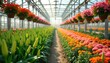 © miss irine - Rows of colorful flowers bloom inside modern greenhouse structure. Green stems, buds of lilies grow, marigolds, plants cultivated in pots overhead. Sunlight streams through glass ceiling.