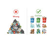 © Weloura - Wrong vs correct waste sorting infographic with recycling bins for paper, glass, plastic and metal, garbage separation guide for eco friendly lifestyle concept flat vector illustration