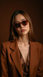 © NARUMOL - Stylish woman wearing sunglasses, brown blazer, and elegant top, exuding confidence and sophistication in warm toned setting