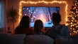 © Vadym - Family watches festive movie on TV screen. Parents and child sit on couch near Christmas tree, enjoy cozy evening entertainment. Warm lights glow, snow scene plays on television.