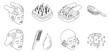 © Yana - A set of hair care and grooming icons featuring various hairstyles, tools, and treatments in minimalist black and white vector style, ideal for beauty and wellness projects