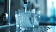 © Pete - Clear water pours from faucet into glass. Liquid fills container creating bubbles. Another glass sits blurred in background. Refreshing drink preparation.
