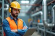 © Pete - Bearded man in hard hat and vest holds tablet near industrial pipes. Technician works in plant, checks equipment, analyzes data. Professional engineer oversees HVAC system. Focused worker on project.